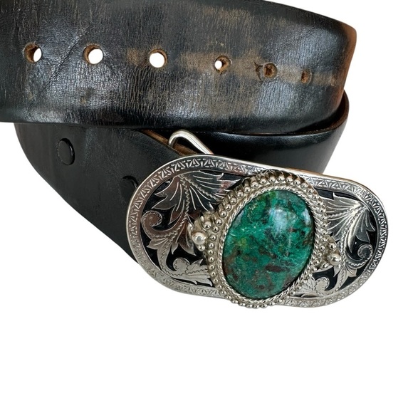 Men's Navajo Turquoise Silver Buckle Aniline Steerhide Black Leather Belt, 42 - Picture 7 of 12